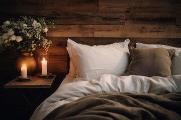 a reclaimed wood headboard, rustic style, on a plush bed with white linens, cozy bedroom ambiance