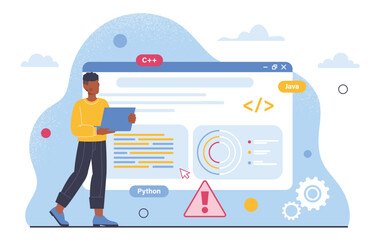 Wall Mural - man programming software concept. programmer and it specialist writes code for website page. develop