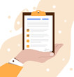 © Rudzhan - Hand with user guide concept. Character with document and greement. Instruction for customers, buyers and clients. Information and advice, knowledge. Cartoon flat vector illustration