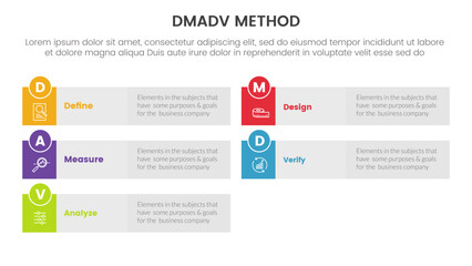 dmadv six sigma framework methodology infographic with long rectangle box grey background information 5 point list for slide presentation