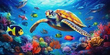 Sea Turtle Swimming Underwater In The Blue Ocean With Colorful Fish And Coral