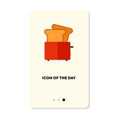 Poster - Slices of bread in red toaster flat icon. Vertical sign or vector illustration of tasty meal preparation or snack element. Breakfast, food, nutrition concept for web design and apps