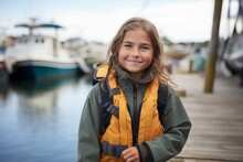 Portrait Of Smiling Little Girl Standing On Pier With Fishing Boats In Background