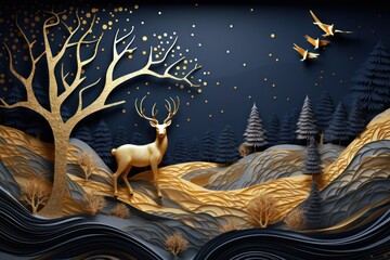 Wall Mural - Celestial Fusion: 3D Modern Art Mural Showcasing Blue-Golden Christmas Delights
