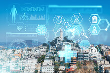 Panoramic Cityscape View Of San Francisco At Day Time, Coit Tower And Telegraph Hill, California, United States. Health Care Digital Medicine Hologram. The Concept Of Treatment And Disease Prevention