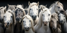 Close-up Of Many  Black And White Horse Heads