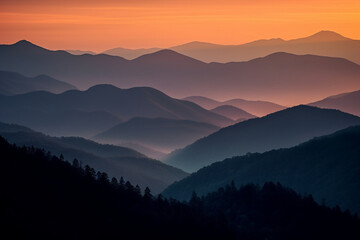 Wall Mural - Layer of mountains at sunset time generative AI