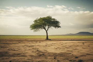 Wall Mural - a green tree in the middle of an african plain during a rain storm, Stunning Scenic World Landscape Wallpaper Background