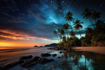 Wall Mural - a starry night sky over a tropical beach with the milky way visible overhead , stunning scenic world