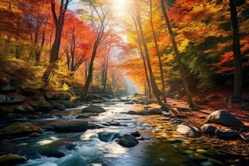 Wall Mural - tranquil river winding through a colorful autumn forest , stunning scenic world landscape wallpaper 
