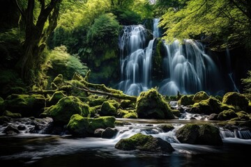 Wall Mural - a majestic waterfall surrounded by lush green vegetation and moss-covered rocks, stunning scenic wor