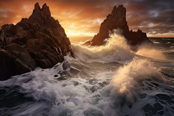 Wall Mural - a dramatic coastal rock formation surrounded by crashing waves, stunning scenic world landscape wall