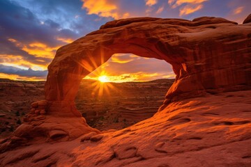 Wall Mural - a breathtaking view of a natural delicate red rock arch against a vibrant sunset sky, stunning sceni