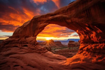 Wall Mural - a breathtaking view of a natural delicate red rock arch against a vibrant sunset sky, stunning sceni