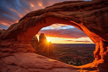 Wall Mural - a breathtaking view of a natural delicate red rock arch against a vibrant sunset sky, stunning sceni