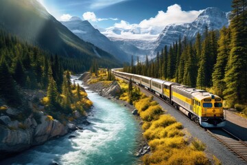 Wall Mural - a yellow train winding its way through the canadian rocky mountains near a river gorge, stunning sce