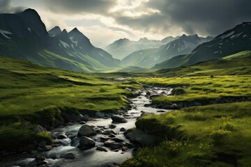 Wall Mural - a mountain meadow with a small stream winding through it, stunning scenic world landscape wallpaper 