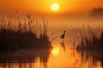 Wall Mural - a peaceful and mist-covered marshland with tall reeds and birdlife, ducks, and waterfowl at sunrise 