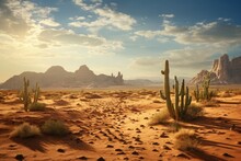 A Rugged Desert Landscape With Sand Dunes With Cactus And Cacti As Found In The Old West, Stunning Scenic World Landscape Wallpaper Background