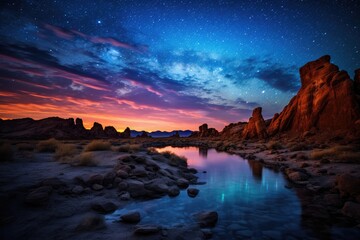 Wall Mural - a beautiful desert landscape with pool of water at night with a starry night sky and milky way visib
