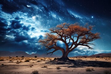 Wall Mural - A beautiful lonely tree in the desert at night with a starry night sky and Milky Way visible overhead, Stunning Scenic World Landscape Wallpaper Background