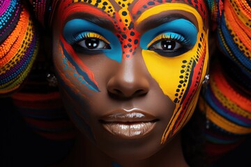 Wall Mural - African woman with colorful makeup in an orange background