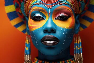 Wall Mural - African woman with colorful makeup in an orange background