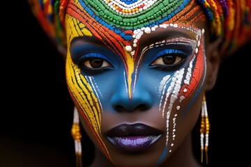 Wall Mural - African woman with colorful makeup in an orange background