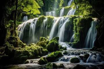 Wall Mural - a majestic waterfall surrounded by lush green vegetation and moss-covered rocks, stunning scenic wor