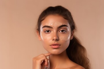 Wall Mural - Teenager girl with skin imperfections applying cream to avoid it