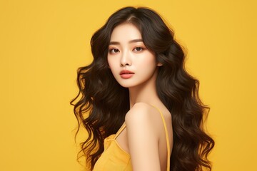 Asian woman with curly long hair wearing make up in a yellow background