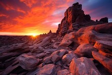 A Dramatic Red Rock Formation Against A Colorful Sunset Sky In Moab Utah, Stunning Scenic World Landscape Wallpaper Background