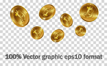 Abstract, Fictional Bitcoin, Imitation Coin. Rain Of 3d Golden Coins, Digital Money Splash On Transparent Background. Falling Or Flying Money, Digital Currency Payment, Mining, Finance Concept.