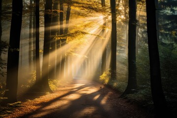 Wall Mural - A tranquil forest pathway with rays of sunlight filtering through the trees in autumn, Stunning Scenic World Landscape Wallpaper Background
