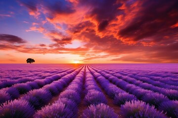 Wall Mural - A field of lavender in full bloom, Stunning Scenic World Landscape Wallpaper Background