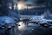 A Partially Frozen River Covered By Fresh Fallen Snow At Night With A Full Moon During Winter, Stunning Scenic World Landscape Wallpaper Background