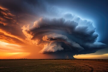 A dramatic storm cloud formation over a vast open plain in Kansas or the Midwest, tornado formation, Stunning Scenic World Landscape Wallpaper Background