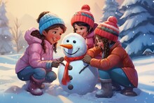 Three Children Building A Snowman In The Snow. Digital Image.