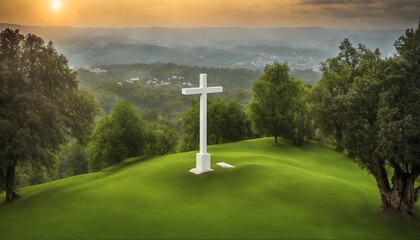 Holy cross symbolizes death and resurrection of Jesus Christ - sky over Golgotha Hill shrouded in light and clouds