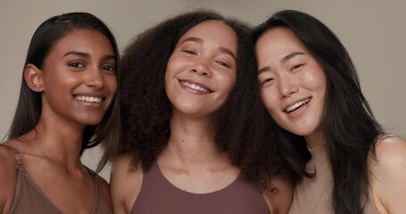 Canvas Print - Women, portrait and beauty, diversity and smile with wellness, dermatology and friends isolated on studio background. Unique skin, natural cosmetics and inclusion with skincare, smile and antiaging