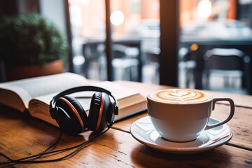 Wall Mural - headphones with a cup of coffee on the table. audiobook concept