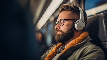 Wall Mural - man on the train listening to an audiobook with headphones