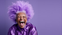Happy, laughing, lovely old woman, with purple afro hair, on solid colour background, with room for text.