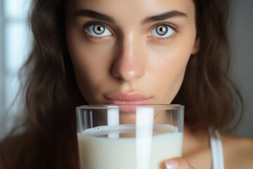 Canvas Print - Woman holding glass of milk in front of her face. This versatile image can be used in various contexts.