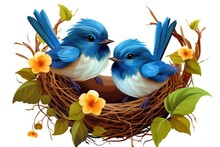 Two Blue Birds Sitting In A Nest With Flowers. Digital Image.