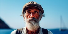 Elderly Greek Man In Fisherman’s Cap On Aegean Sea Background, Space For Text.