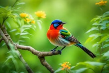 A Very Beautiful Little Bird Is Sitting On The Branch Of The Flowers