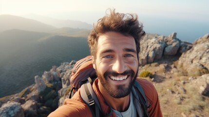 Selfie photo of happy smiling male influencer mountaineer hiker during traveling at beautiful destination in the mountains