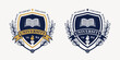 University logo shield emblem badge template vector design illustration in gold and blue color