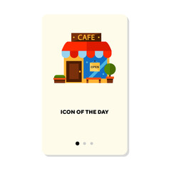 Poster - Small colorful cafe or diner flat icon. Vertical sign or vector illustration of facade or front view of cafeteria or bistro element. Eating out, food for web design and apps